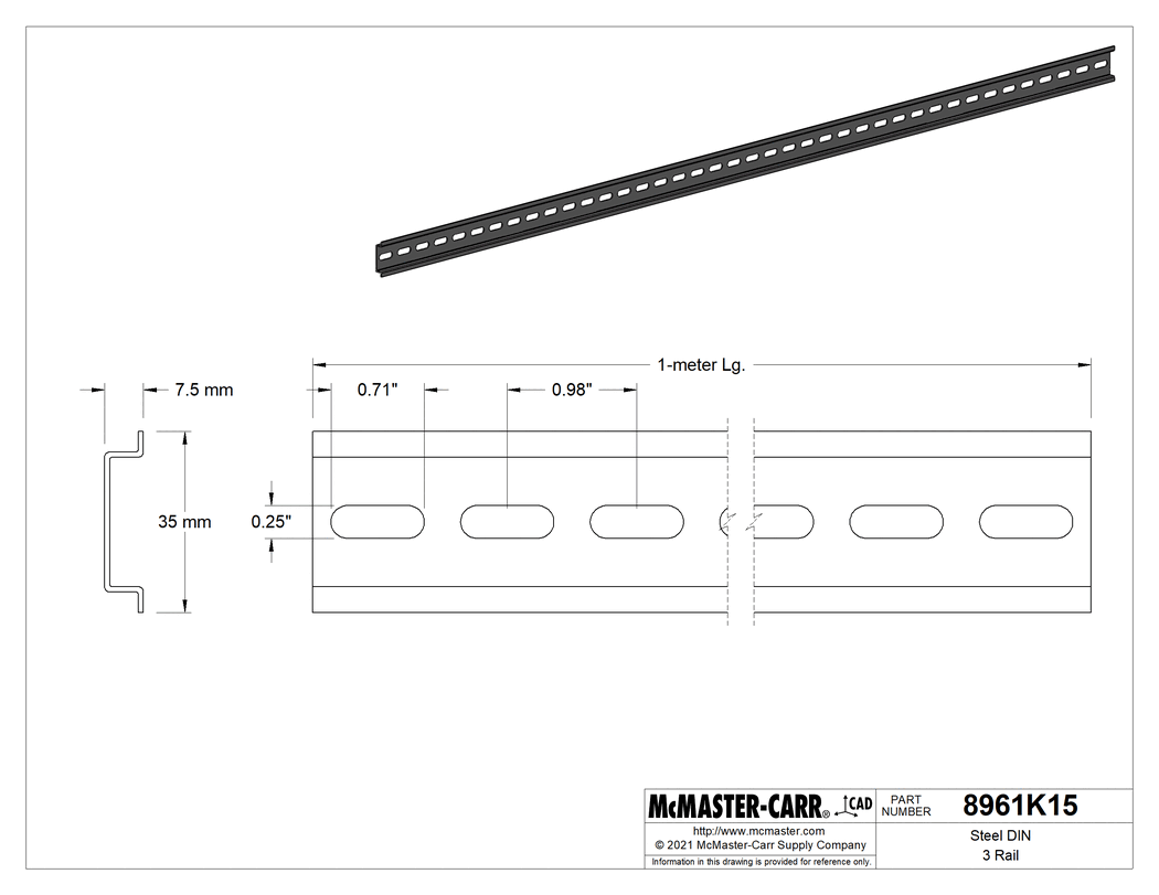 Technical Drawing of Steel DIN 3 Rail, 7.5mm Deep, 1M Long.